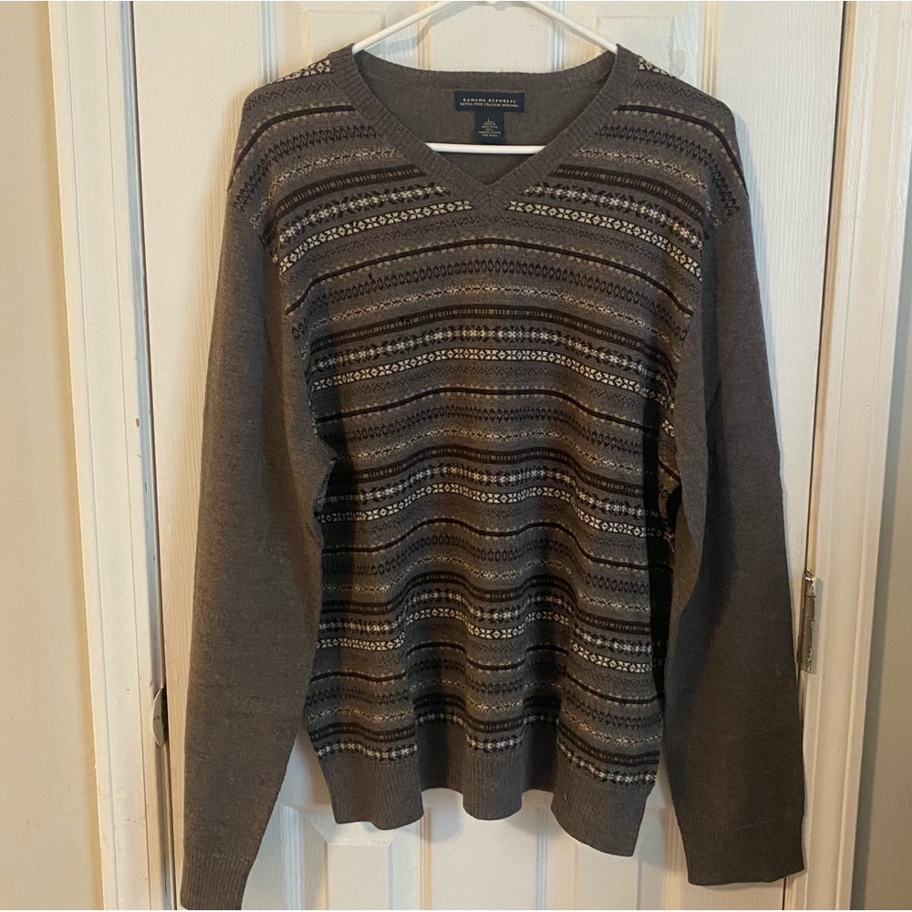 Banana Republic mens Fair Isle Brown merino wool grandpa sweater